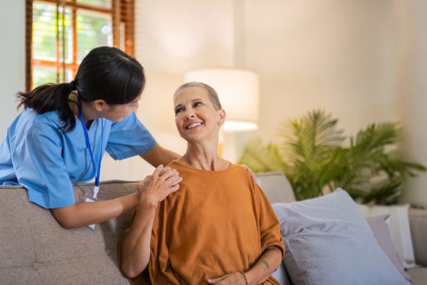 Physical therapist with senior patient, empathy and trust for psychology and healthcare consulting. help and hope of health.